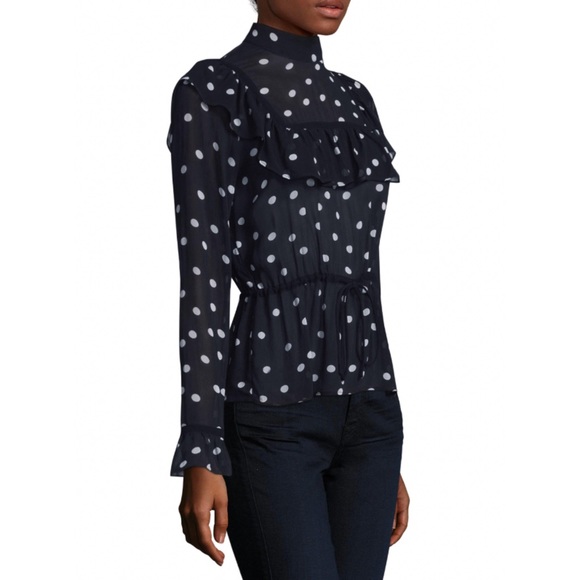 GANNI Marceau Ruffled Navy & White Polka-dot Georgette Blouse - Picture 1 of 4